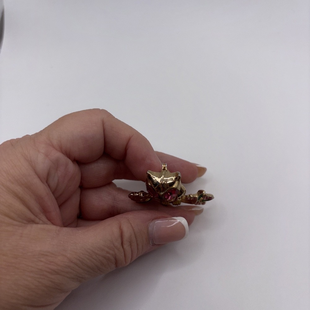 Coro Vintage Owl Pink Rhinestone Eyes With Flowers Gold Toned Brooch Pin - Picture 10 of 11